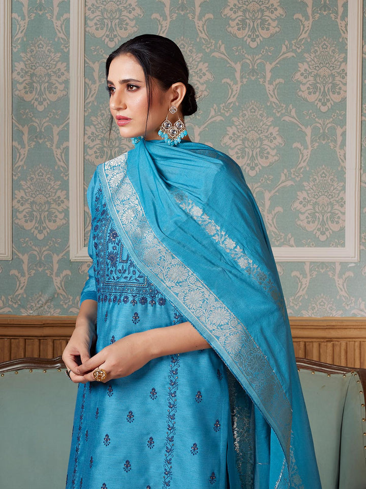 Cerulean Blue Semi-Silk Suit Set