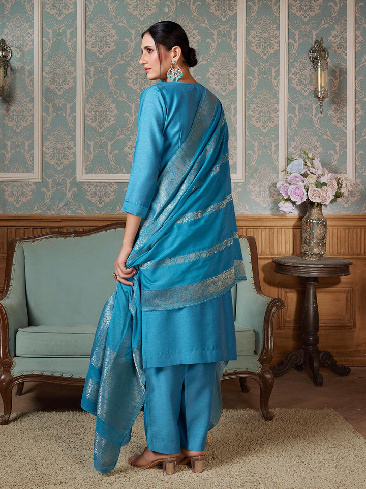 Cerulean Blue Semi-Silk Suit Set