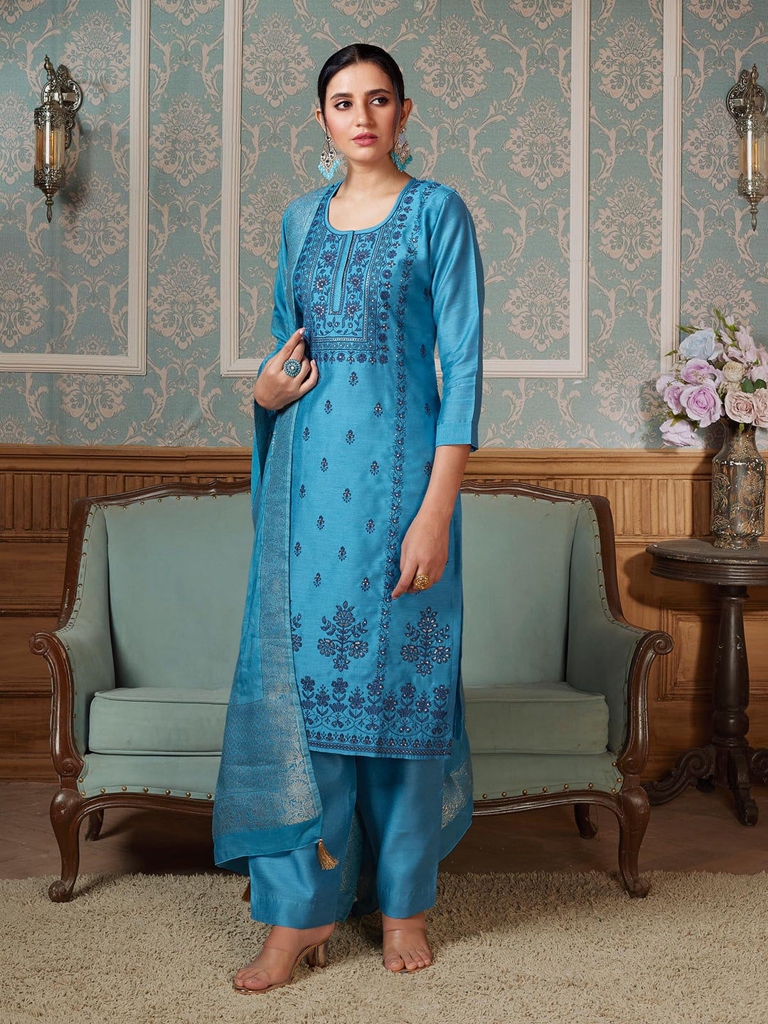 Cerulean Blue Semi-Silk Suit Set