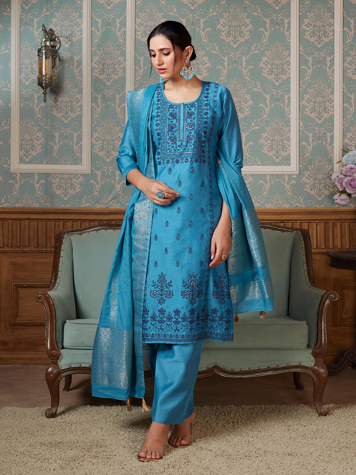 Cerulean Blue Semi-Silk Suit Set