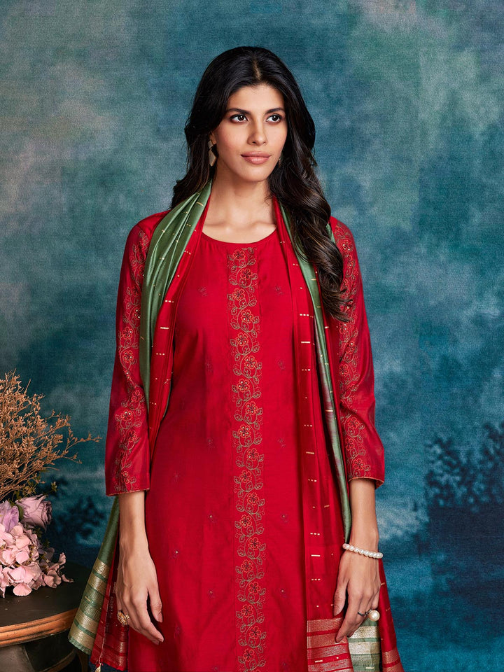 Red Chanderi Suit Set