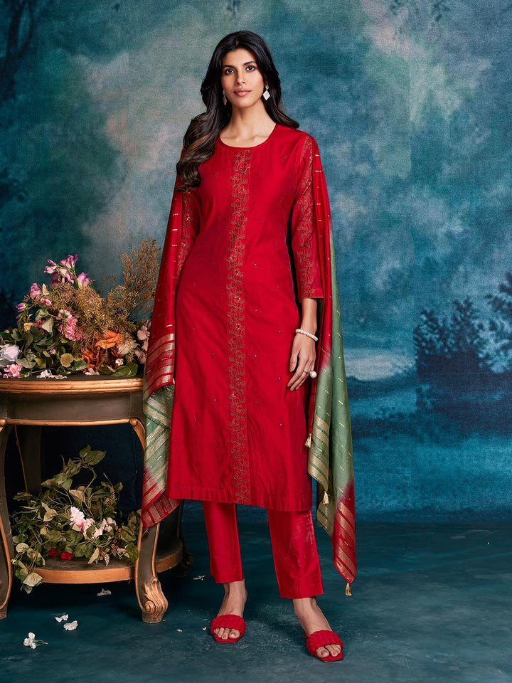 Red Chanderi Suit Set