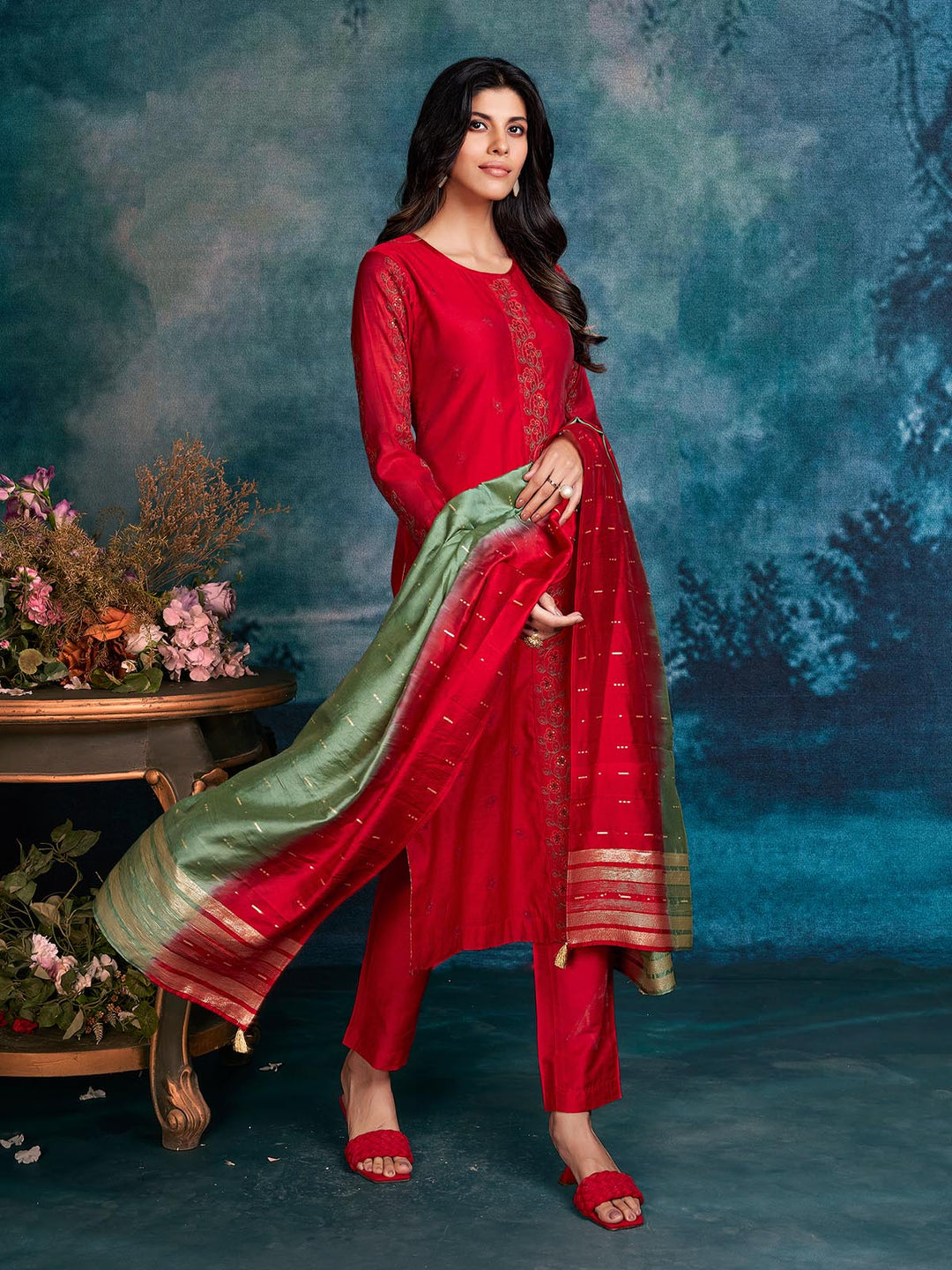 Red Chanderi Suit Set