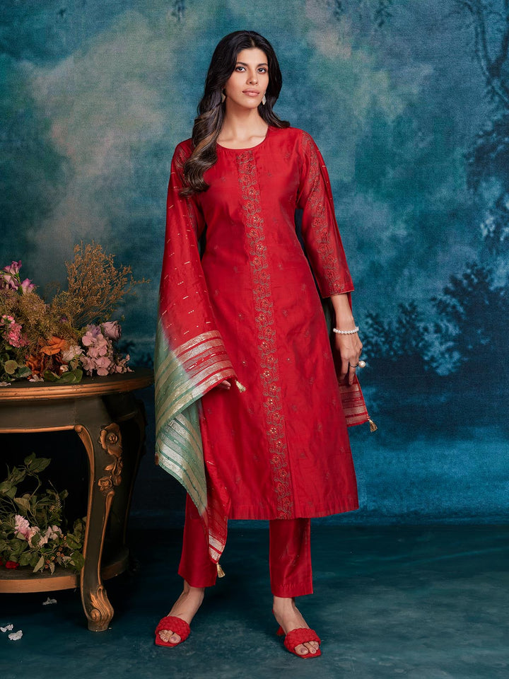 Red Chanderi Suit Set