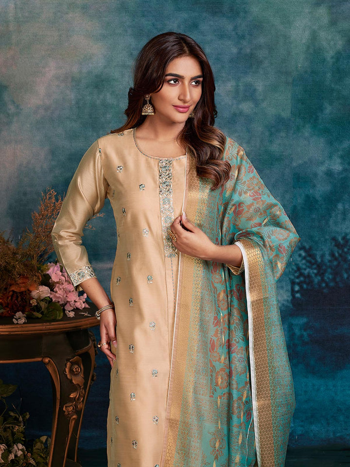 Beige Chanderi Suit Set