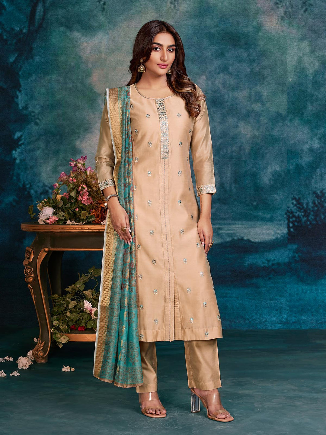 Beige Chanderi Suit Set