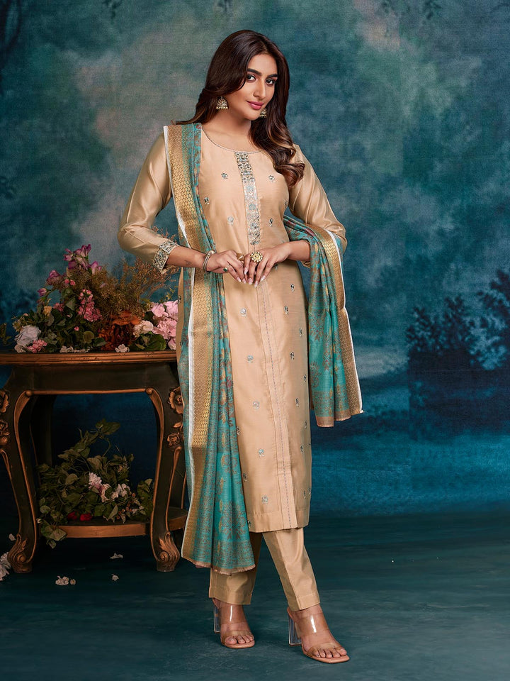 Beige Chanderi Suit Set