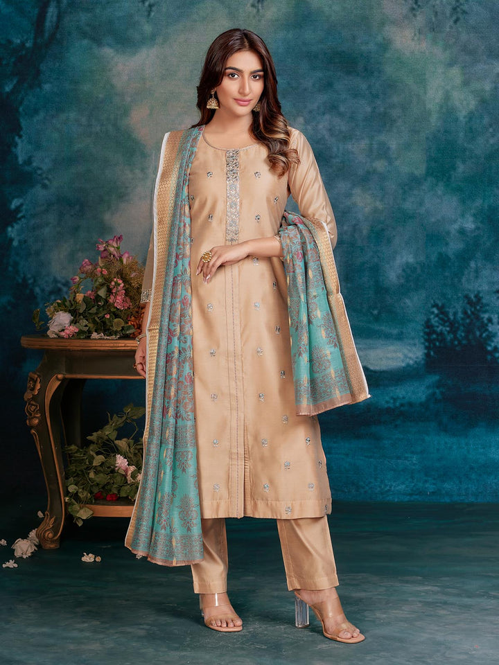 Beige Chanderi Suit Set