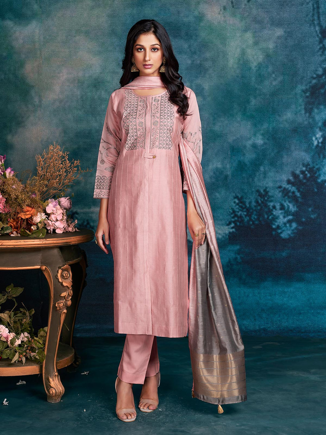 Pink Chanderi Suit Set