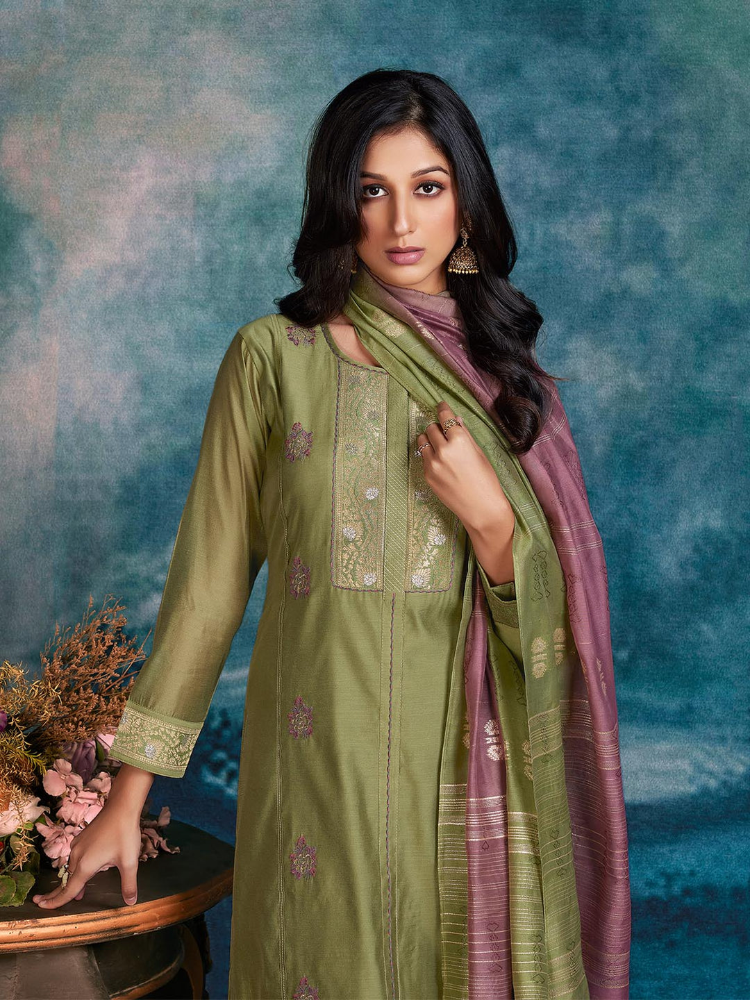 Green Chanderi Suit Set