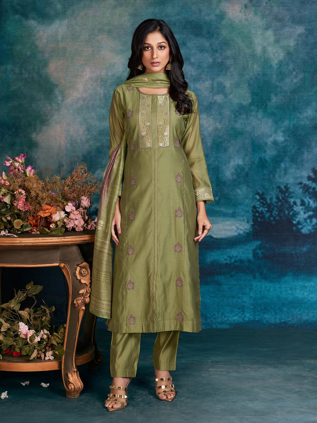 Green Chanderi Suit Set