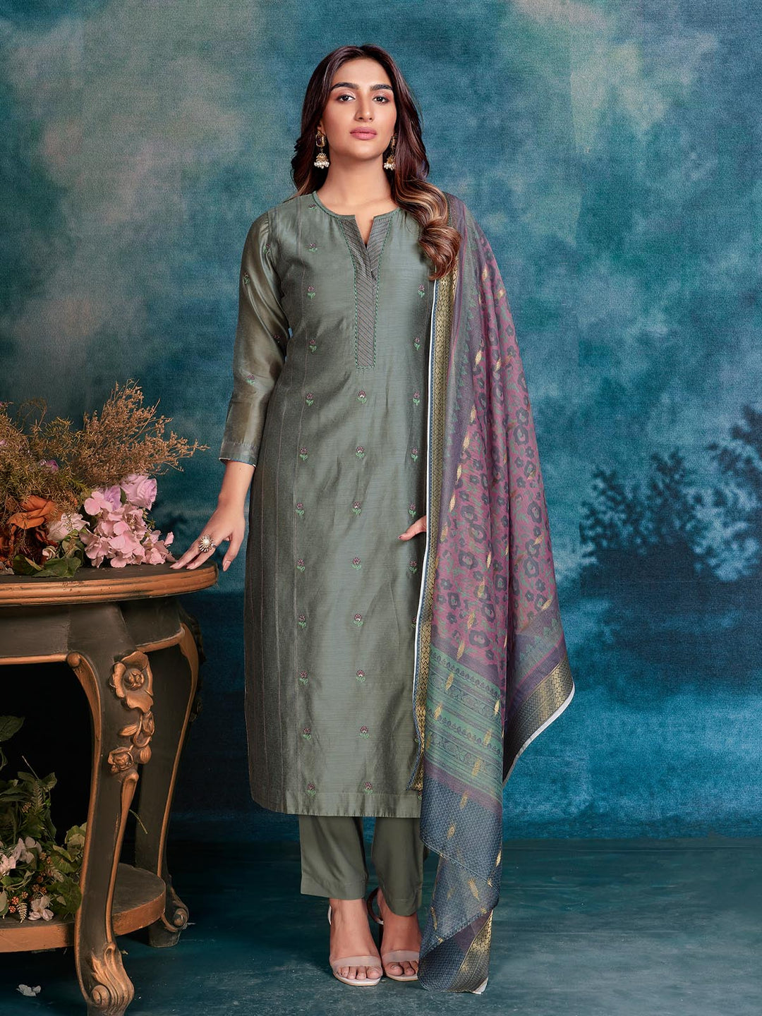 Grey Chanderi Suit Set