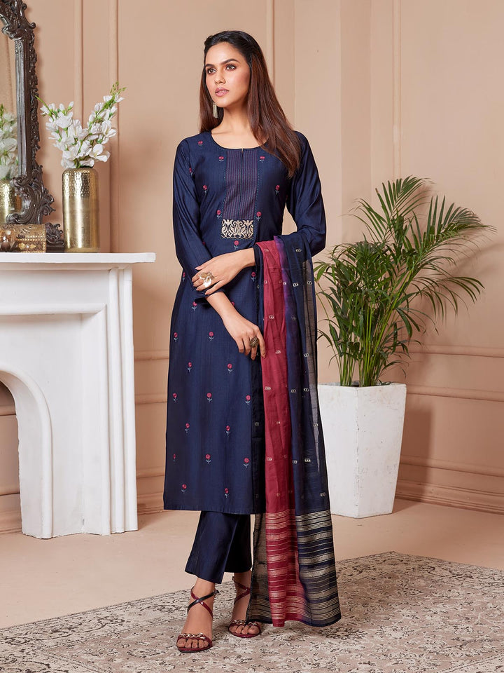 Navy Blue Embroidered Suit Set