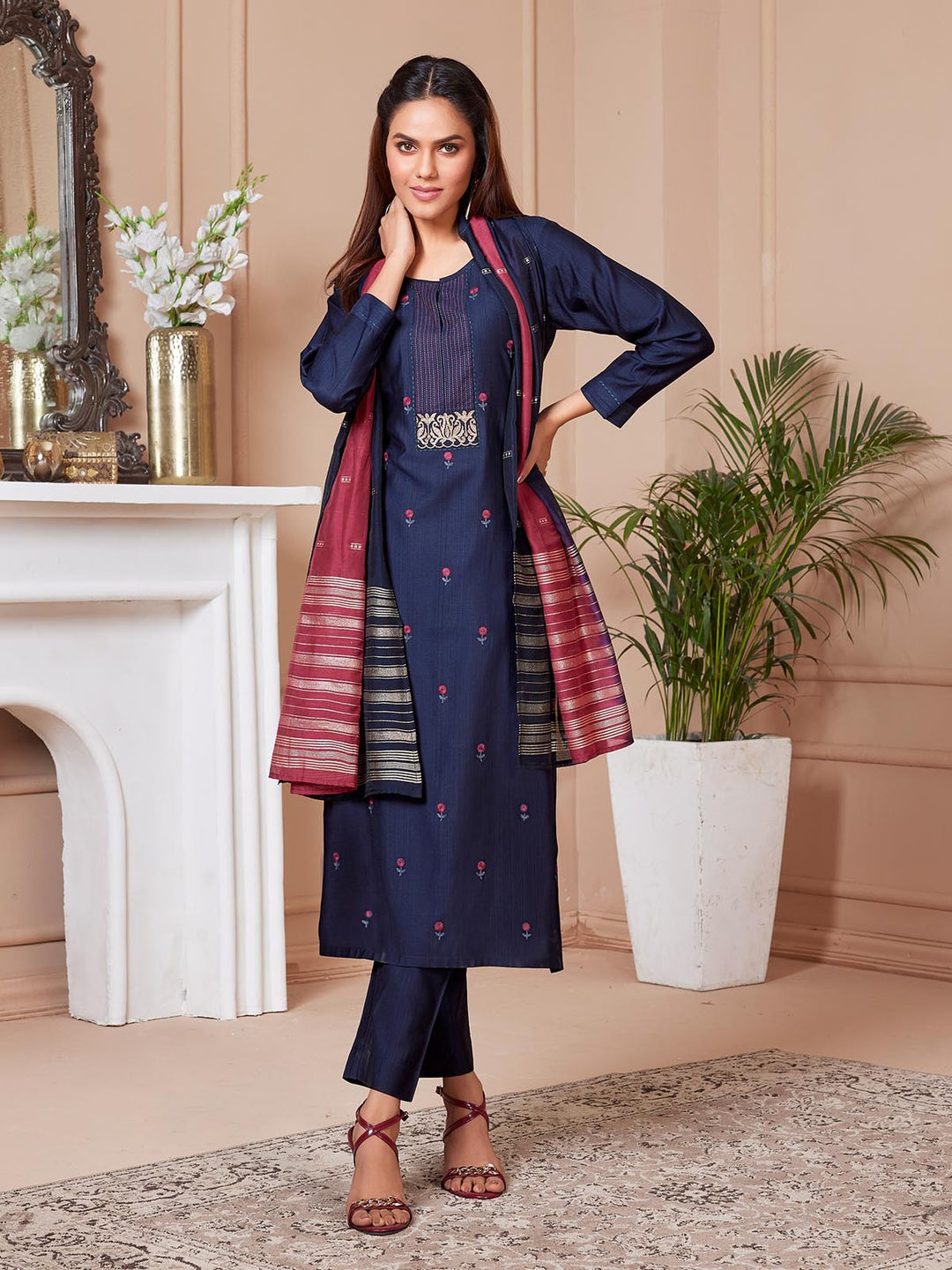 Navy Blue Embroidered Suit Set