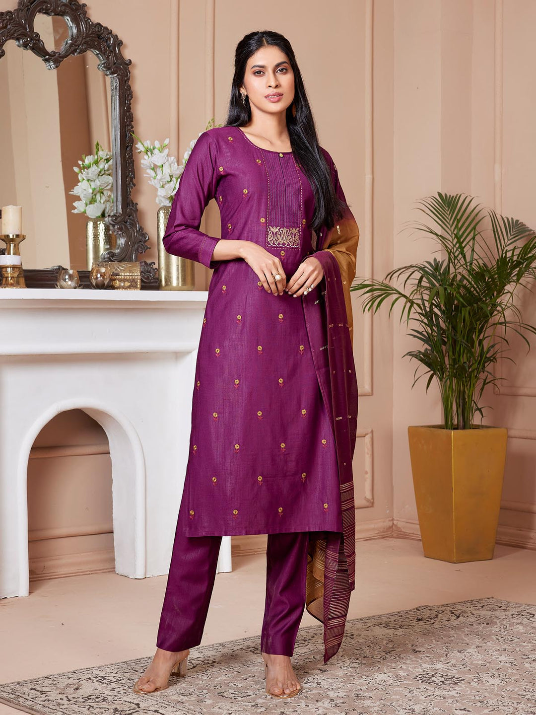 Magenta Embroidered Suit Set