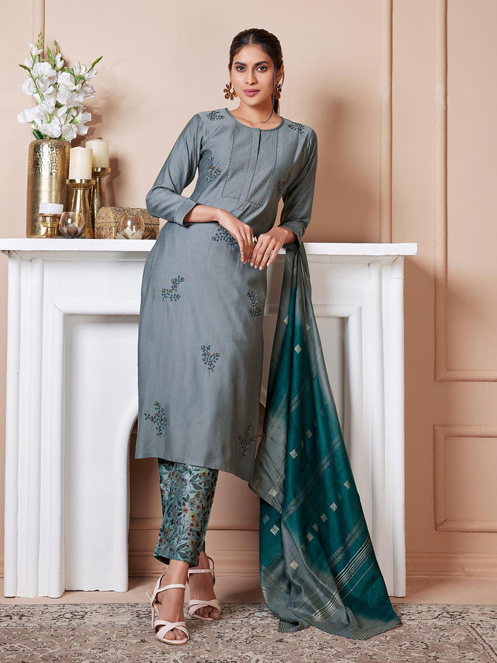 Grey Embroidered Suit Set