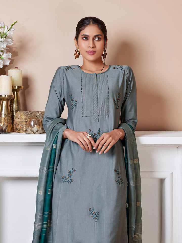 Grey Embroidered Suit Set