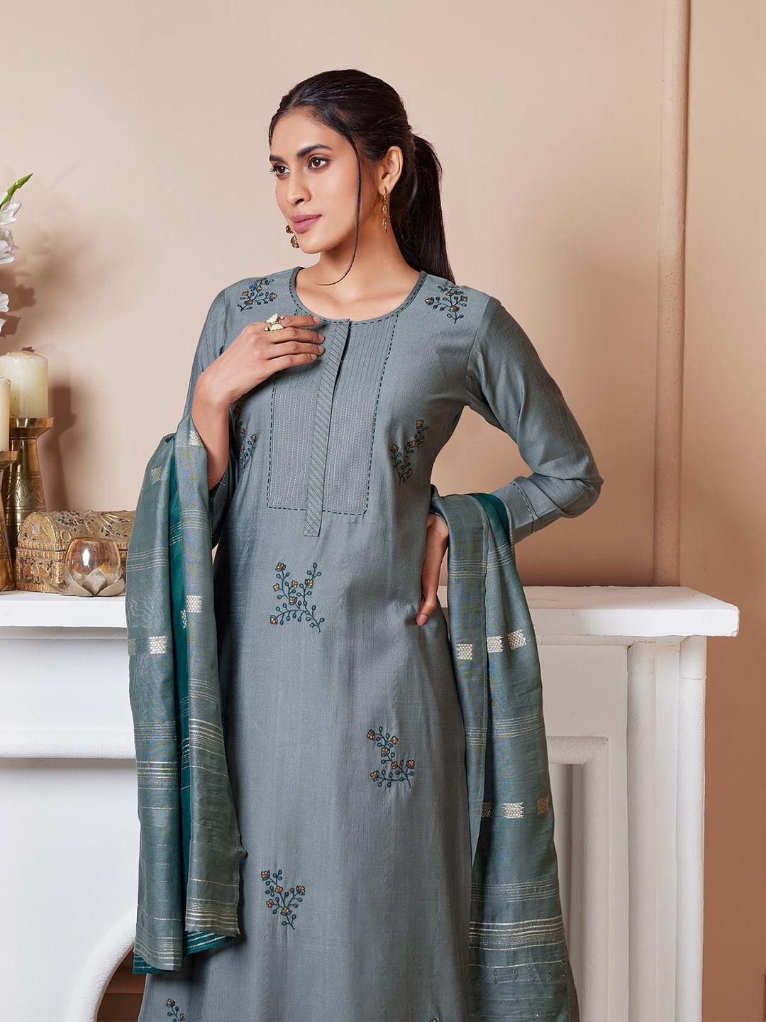 Grey Embroidered Suit Set