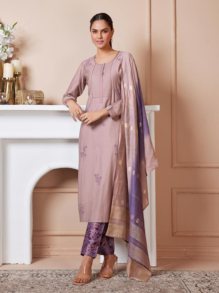 Mauve Pink Embroidered Suit Set