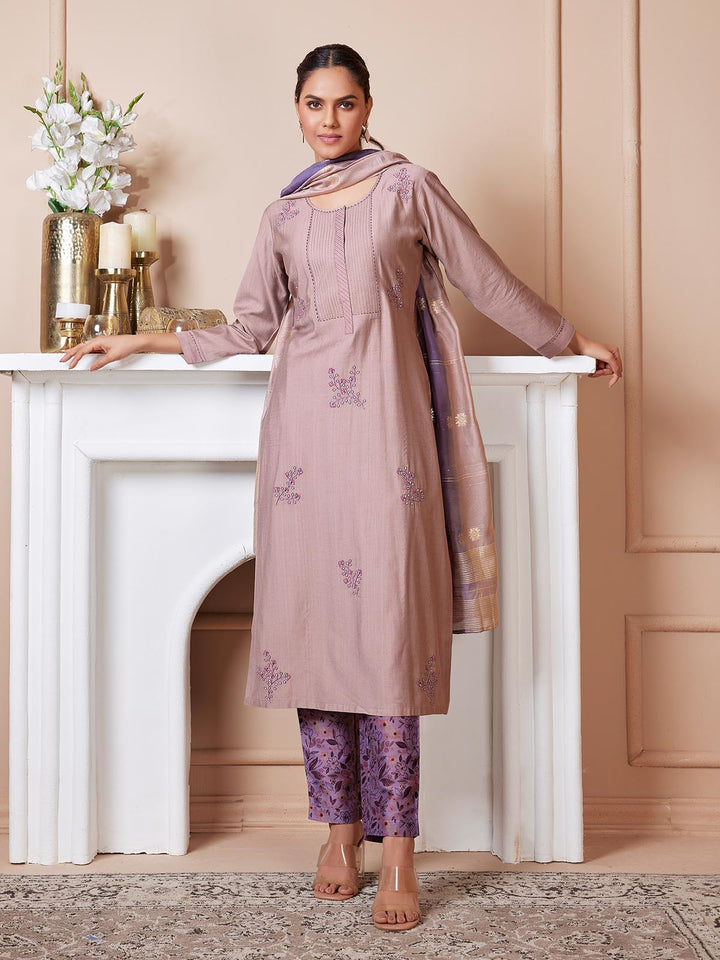 Mauve Pink Embroidered Suit Set