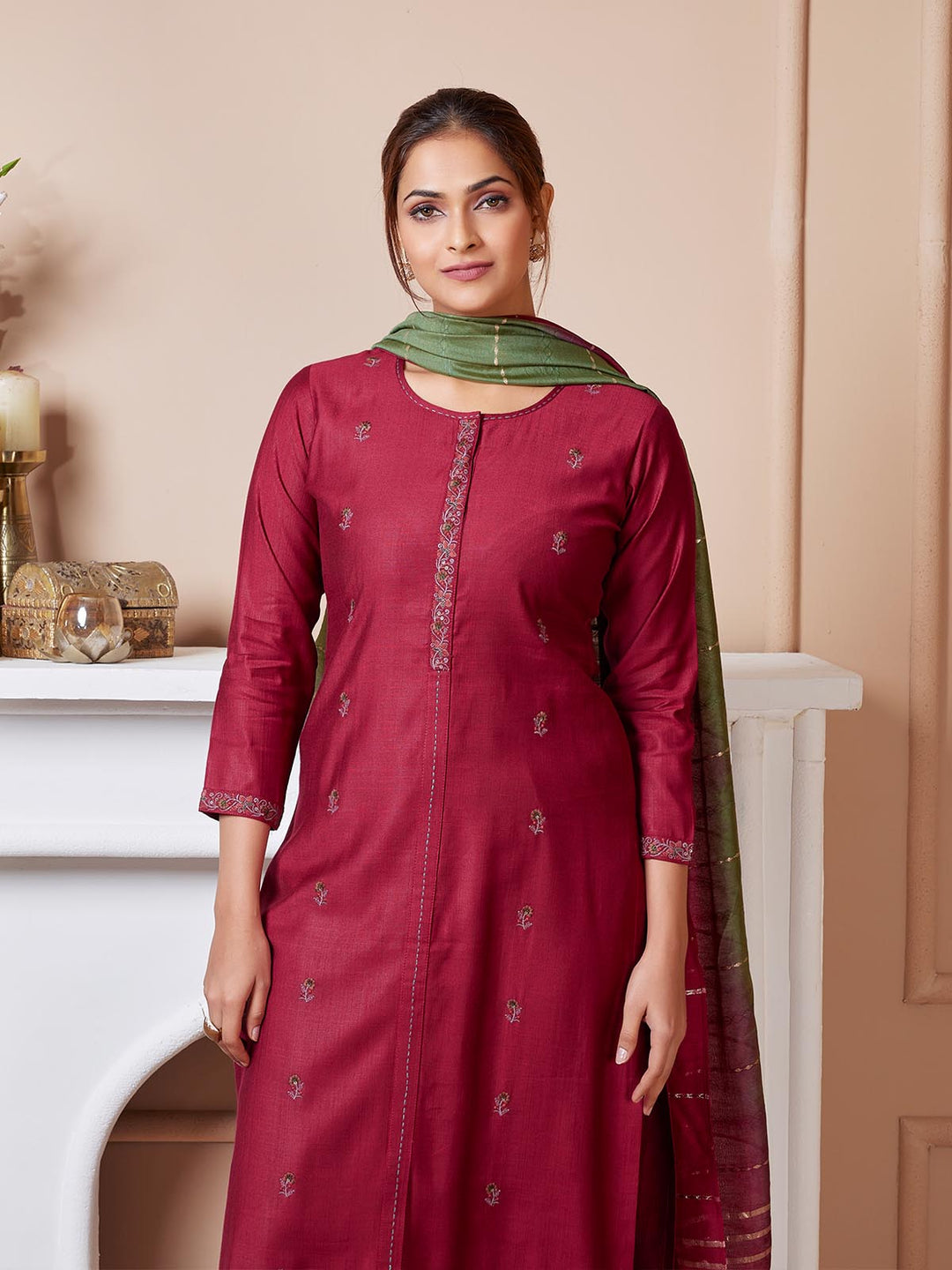 Magenta Pink Embroidered Suit Set