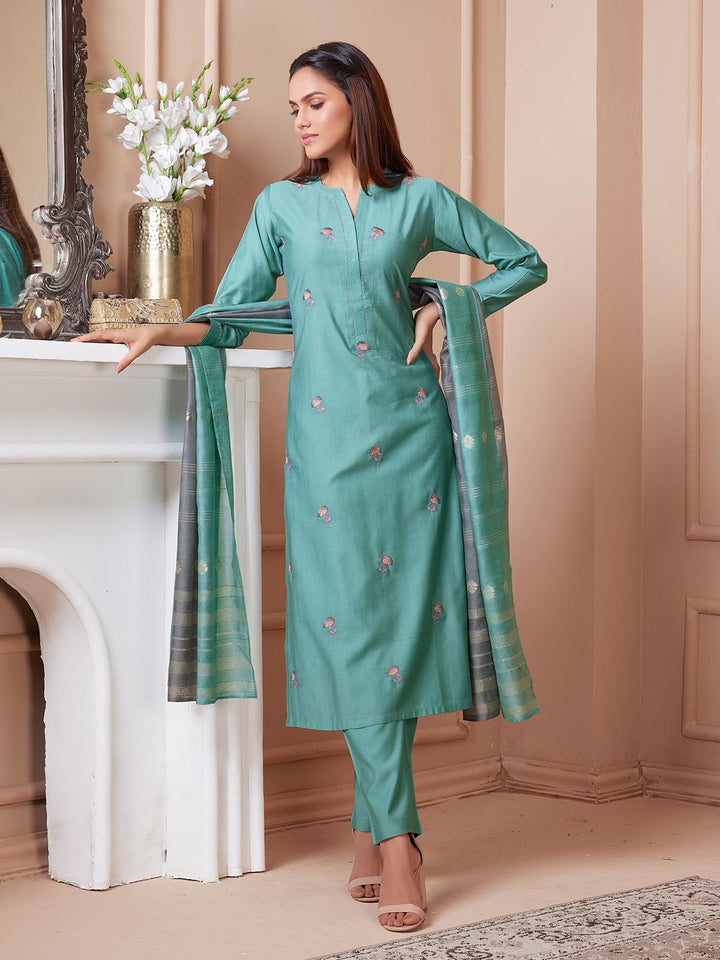 Dusty Aqua Embroidered Suit Set