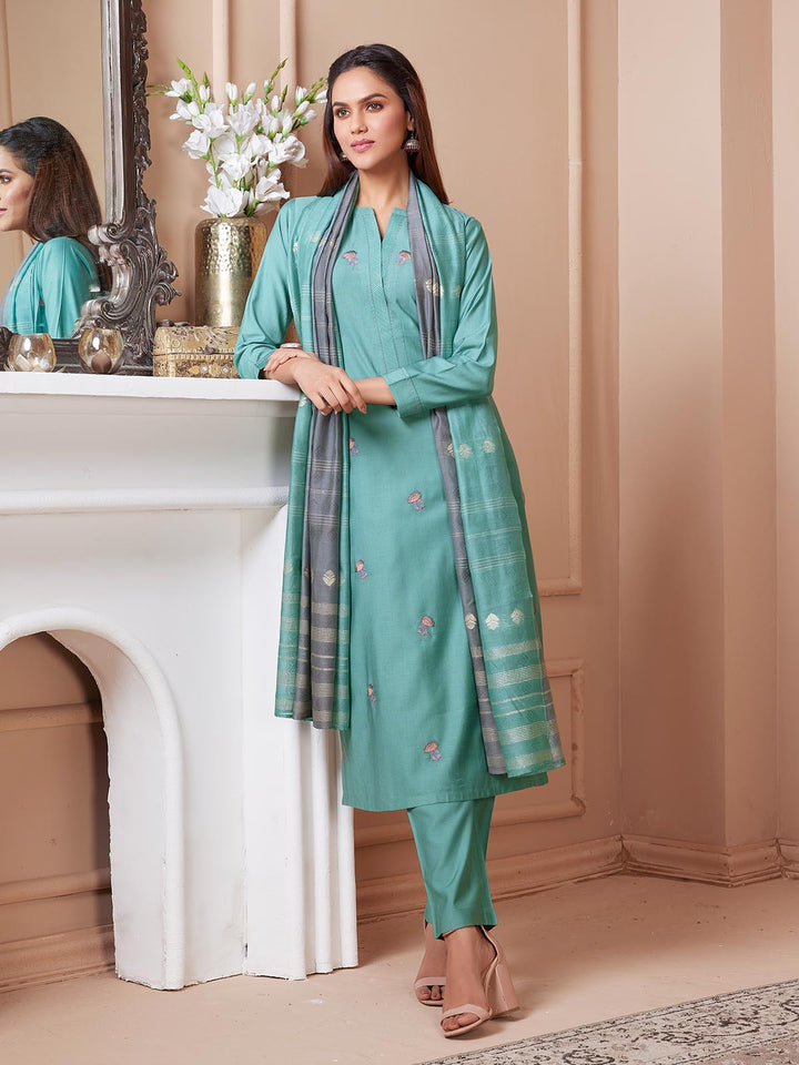 Dusty Aqua Embroidered Suit Set