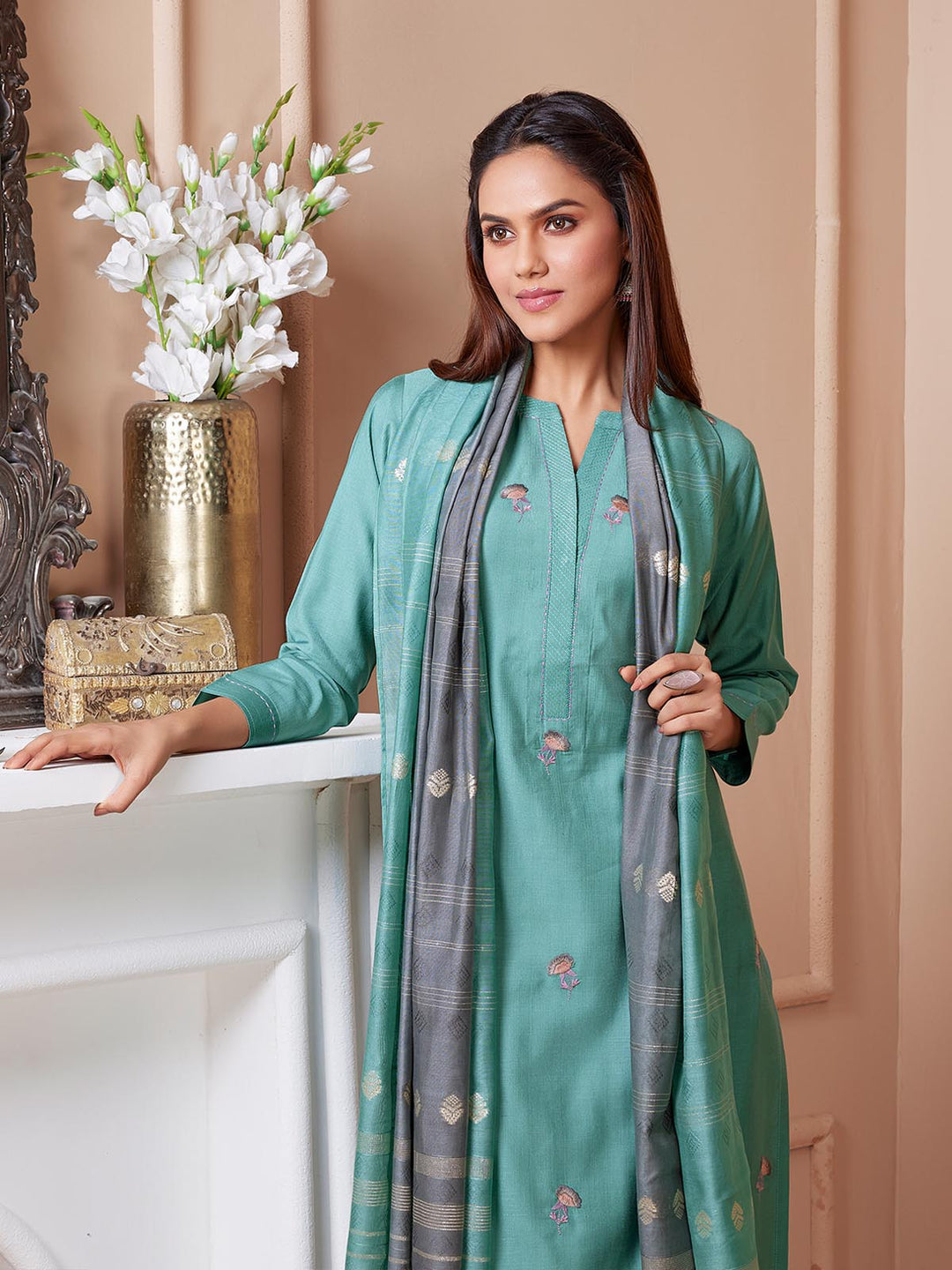 Dusty Aqua Embroidered Suit Set