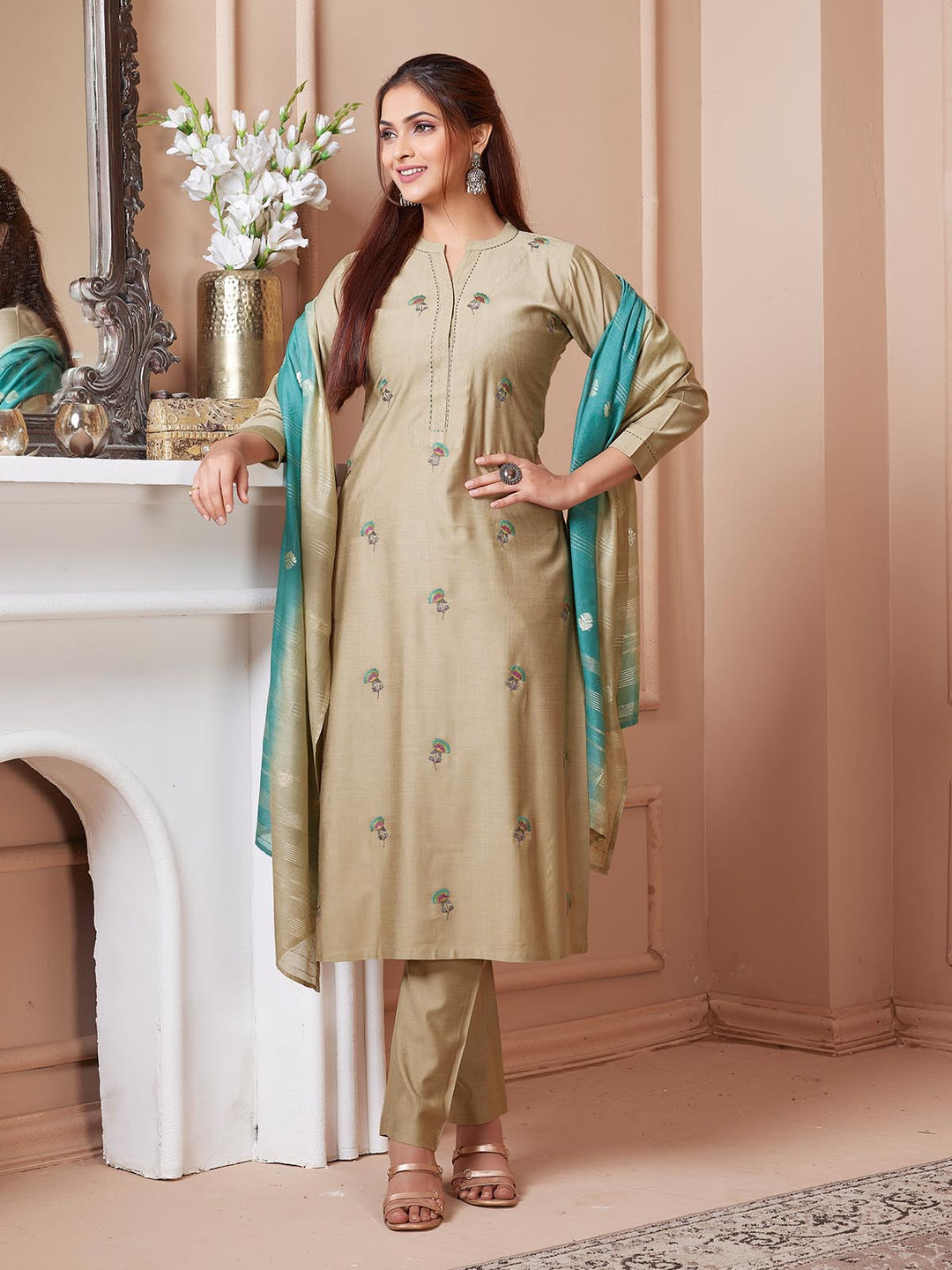 Beige Embroidered Suit Set