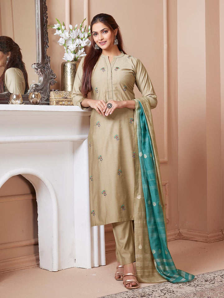 Beige Embroidered Suit Set