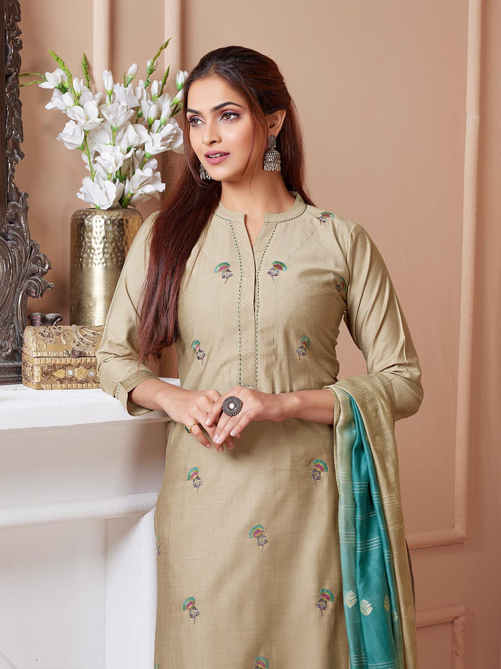 Beige Embroidered Suit Set