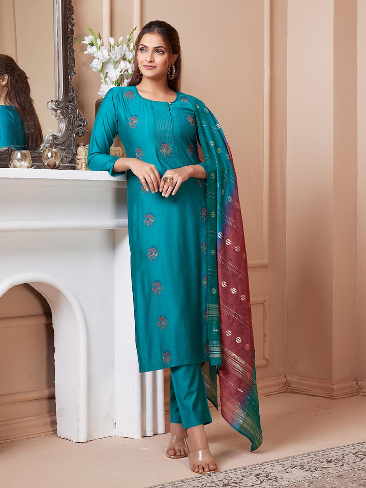 Turquoise Embroidered Suit Set