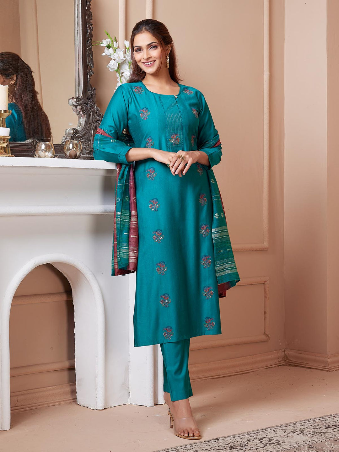 Turquoise Embroidered Suit Set