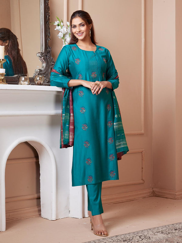 Turquoise Embroidered Suit Set