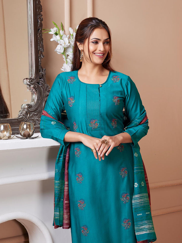 Turquoise Embroidered Suit Set