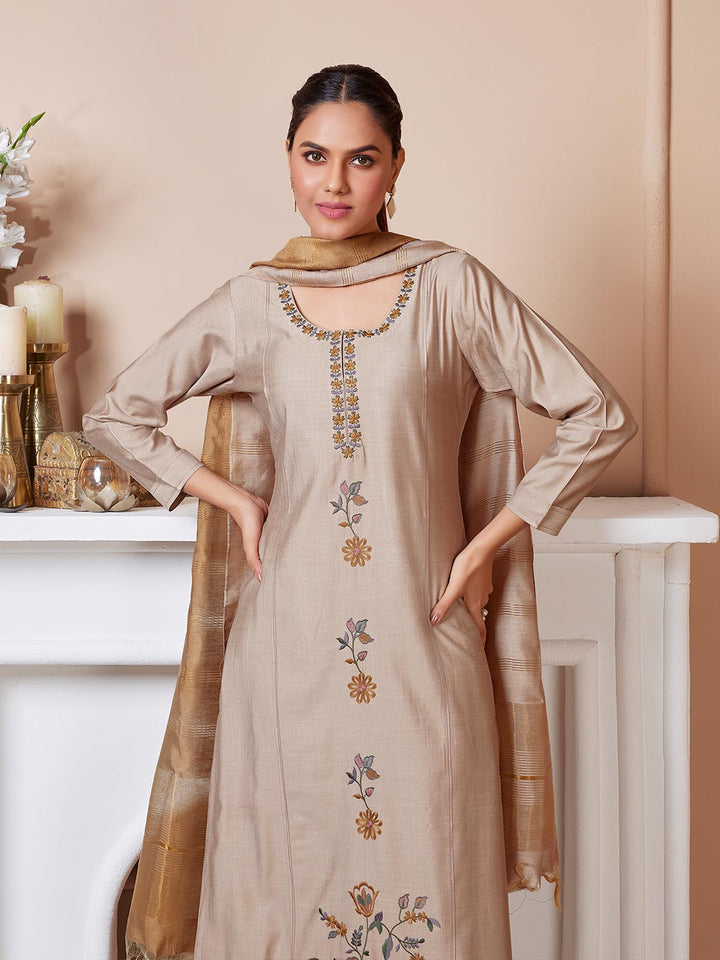 Beige Embroidered Suit Set