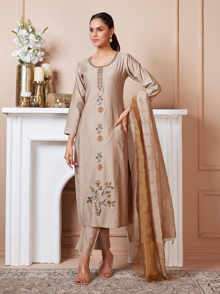 Beige Embroidered Suit Set