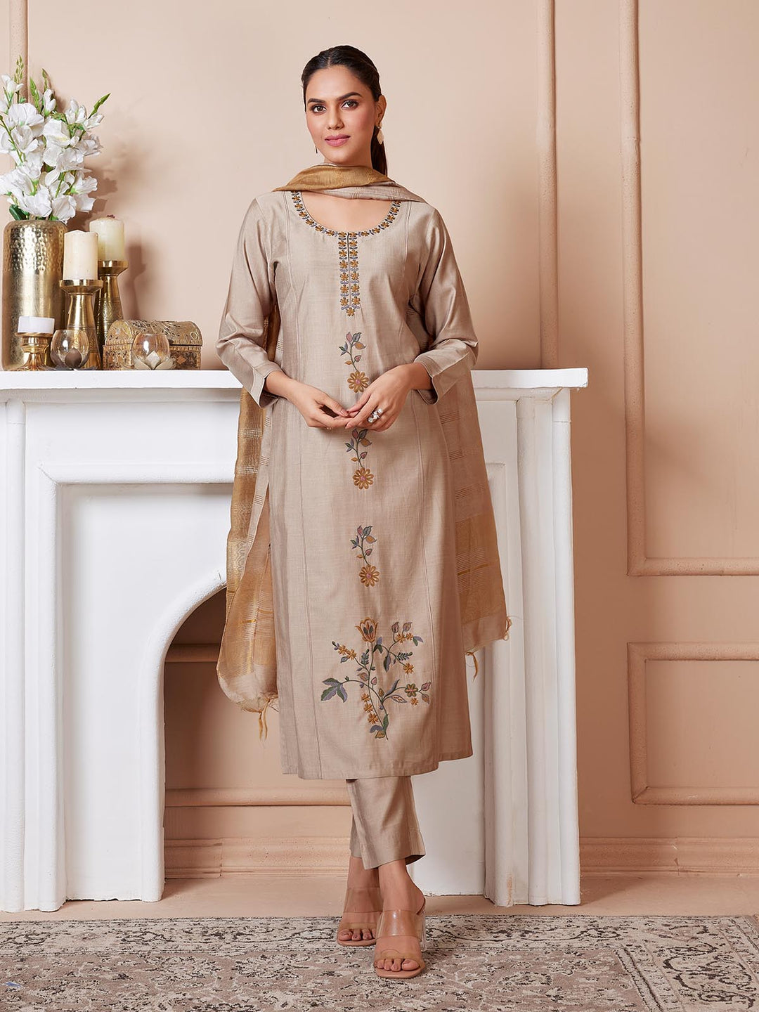 Beige Embroidered Suit Set