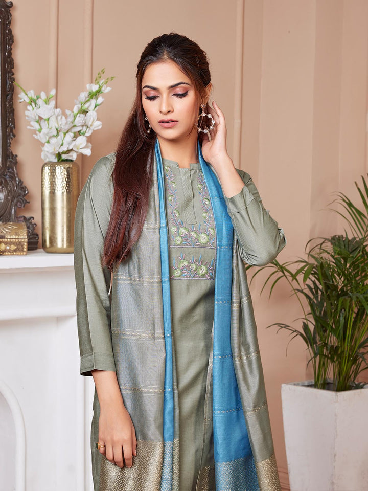 Steel Grey Embroidered Suit Set