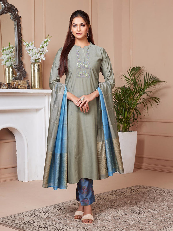 Steel Grey Embroidered Suit Set