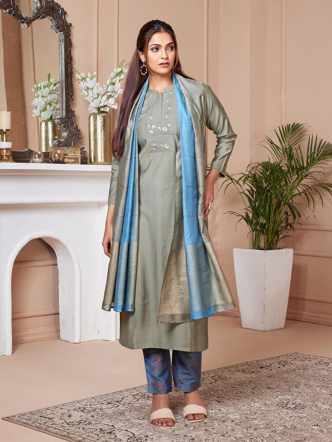 Steel Grey Embroidered Suit Set