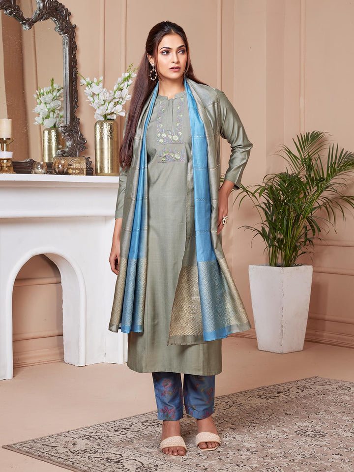 Steel Grey Embroidered Suit Set