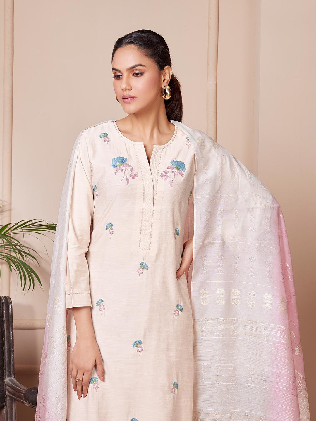 Cream Embroidered Suit Set