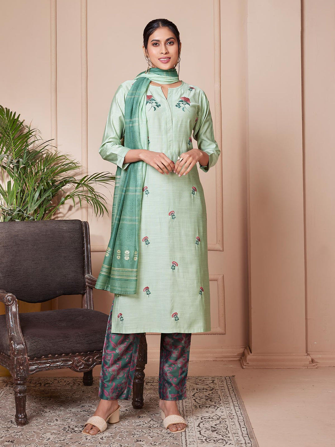 Pastel Green Embroidered Suit Set