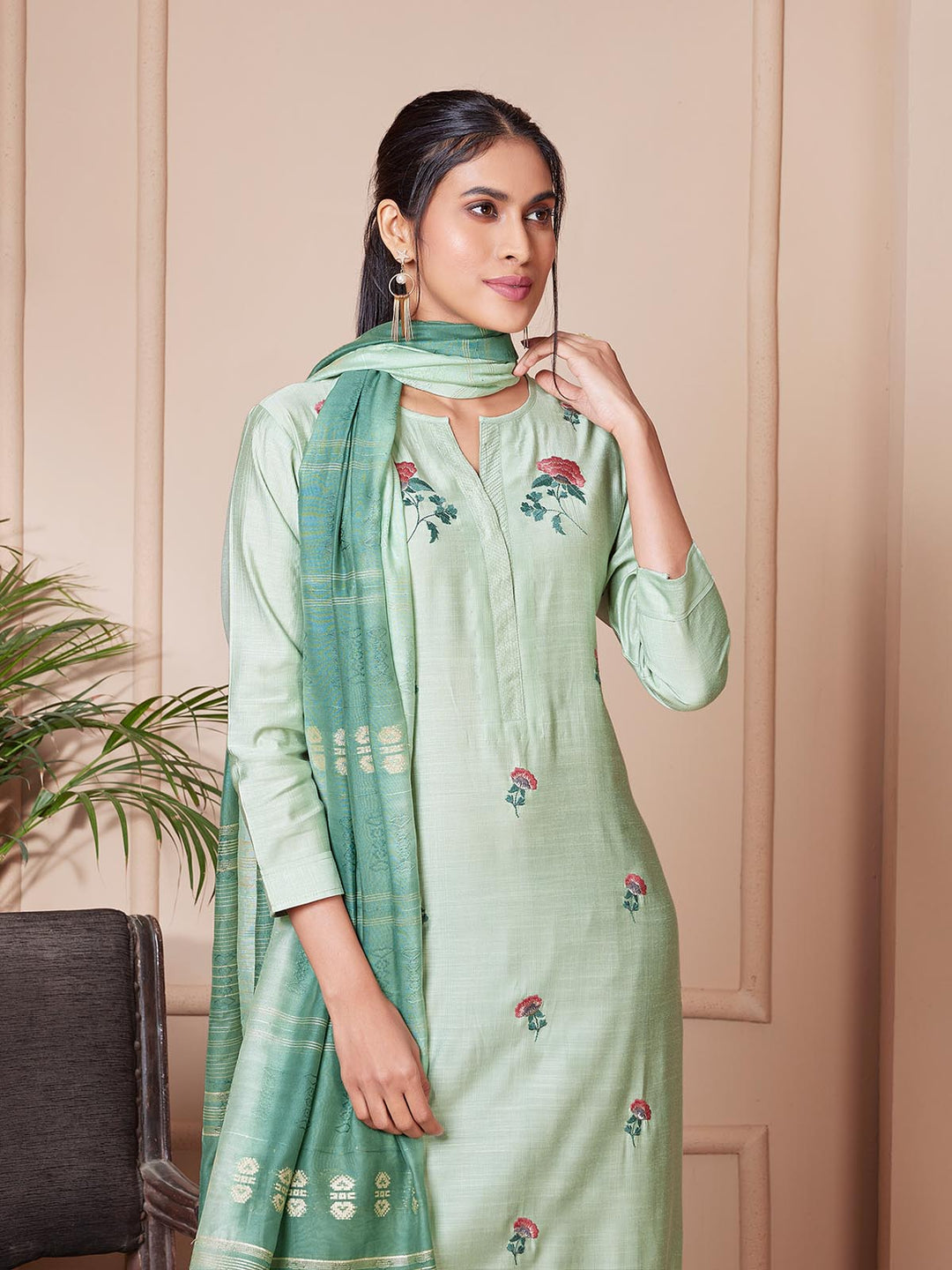 Pastel Green Embroidered Suit Set