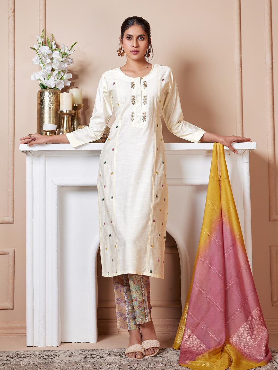 Cream Embroidered Suit Set