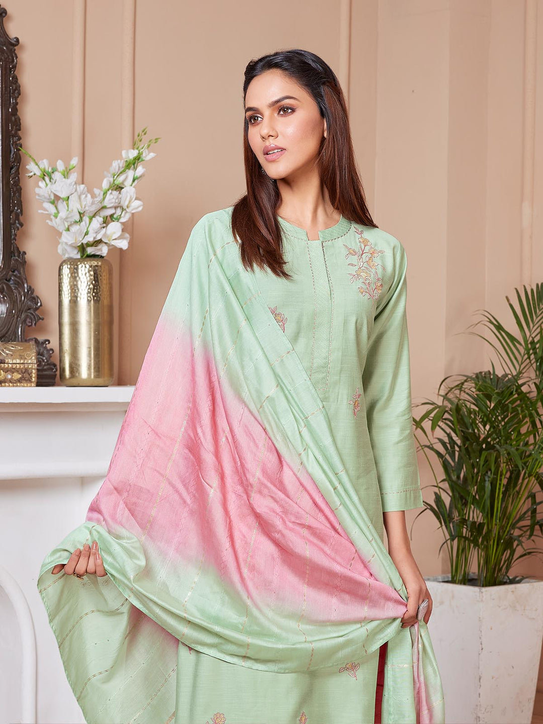 Pastel Green Embroidered Suit Set