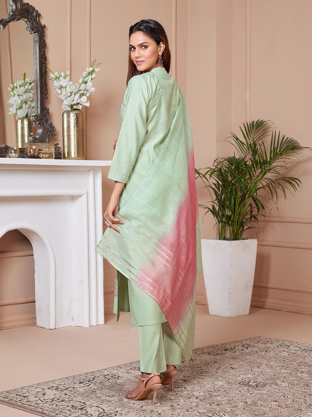 Pastel Green Embroidered Suit Set