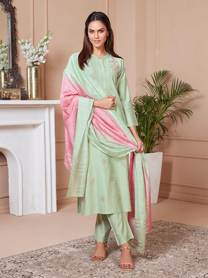 Pastel Green Embroidered Suit Set