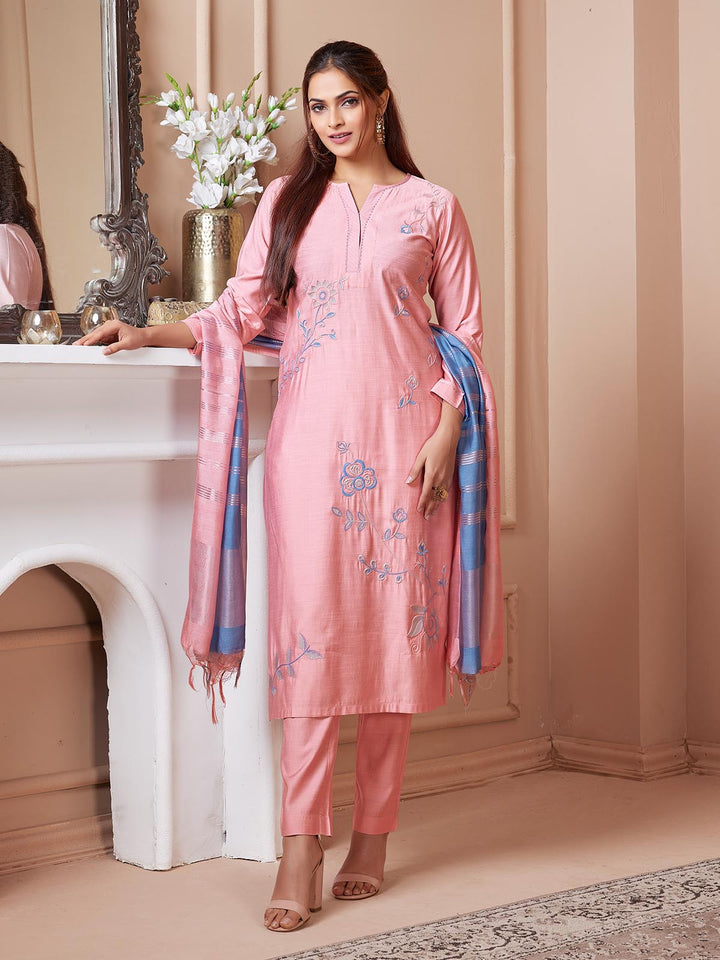 Coral Pink Embroidered Suit Set